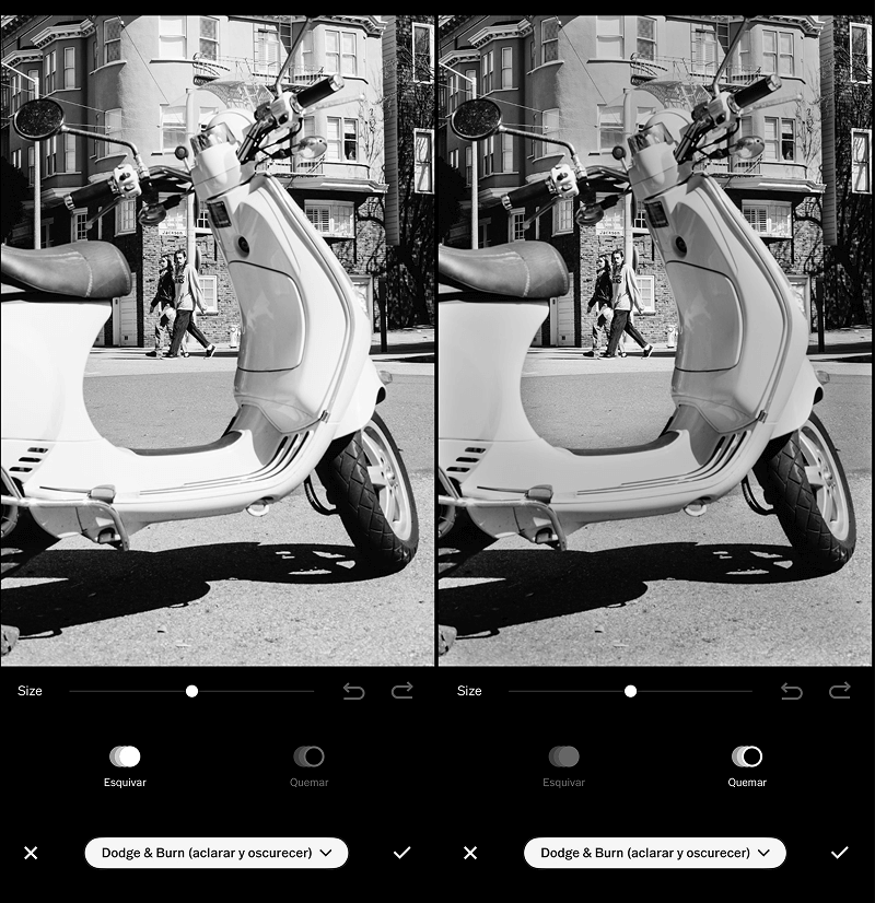 Comparación de edición en fotografía blanco y negro de motocicleta