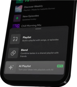 Interfaz de Spotify mostrando opción AI Playlist para crear listas con inteligencia artificial
