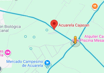 Mapa que muestra la ubicación de Acuarela Cajasan y puntos de referencia cercanos como el Mercado Campesino de Acuarela
