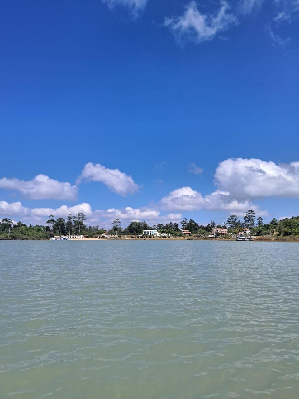Vista del lago con agua tranquila, cielo azul y zona campestre al fondo